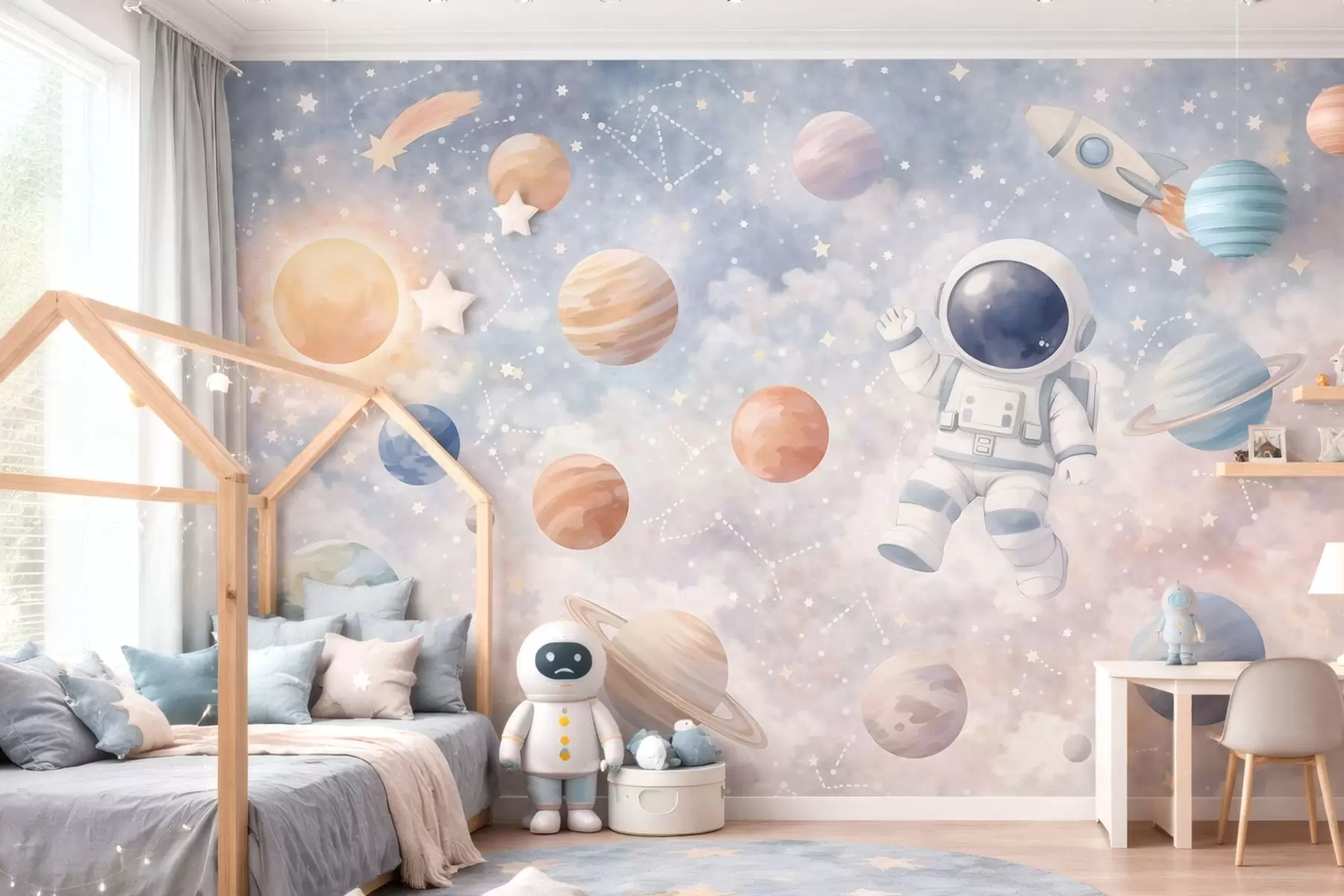 stenske poslikave mali astronavt med planeti in zvezdami w05233