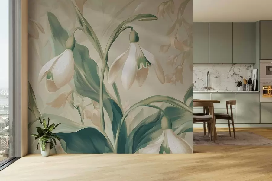 stenske poslikave cvetoče snežne kapice na bežnem ozadju w05234