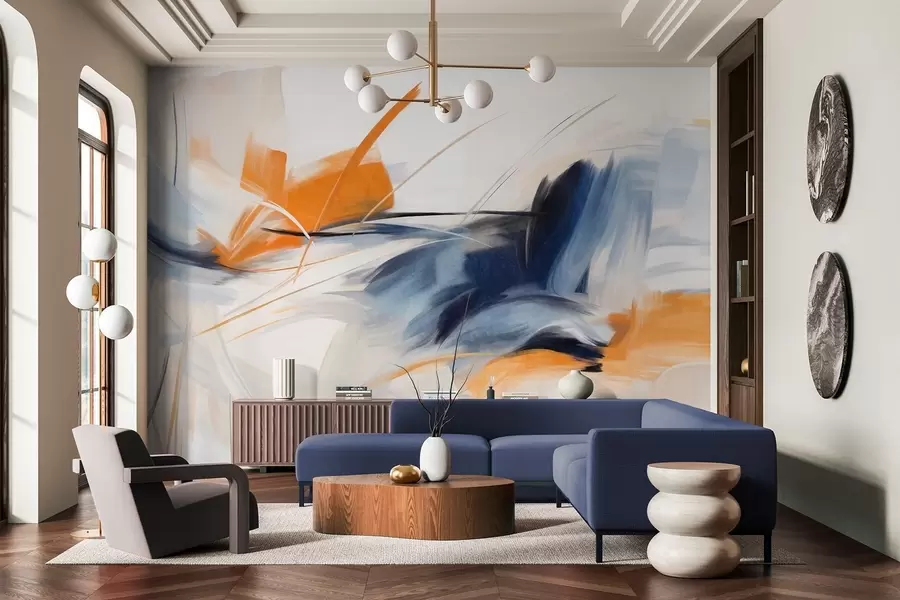 stenske poslikave Abstraktni slikarski slog z oranžnimi in modrimi teksturiranimi čopičnimi potezami w09755