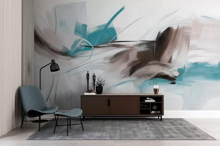 stenske poslikave Abstraktni slikarski slog z rjavimi in modrimi teksturiranimi čopičnimi potezami w09755v1