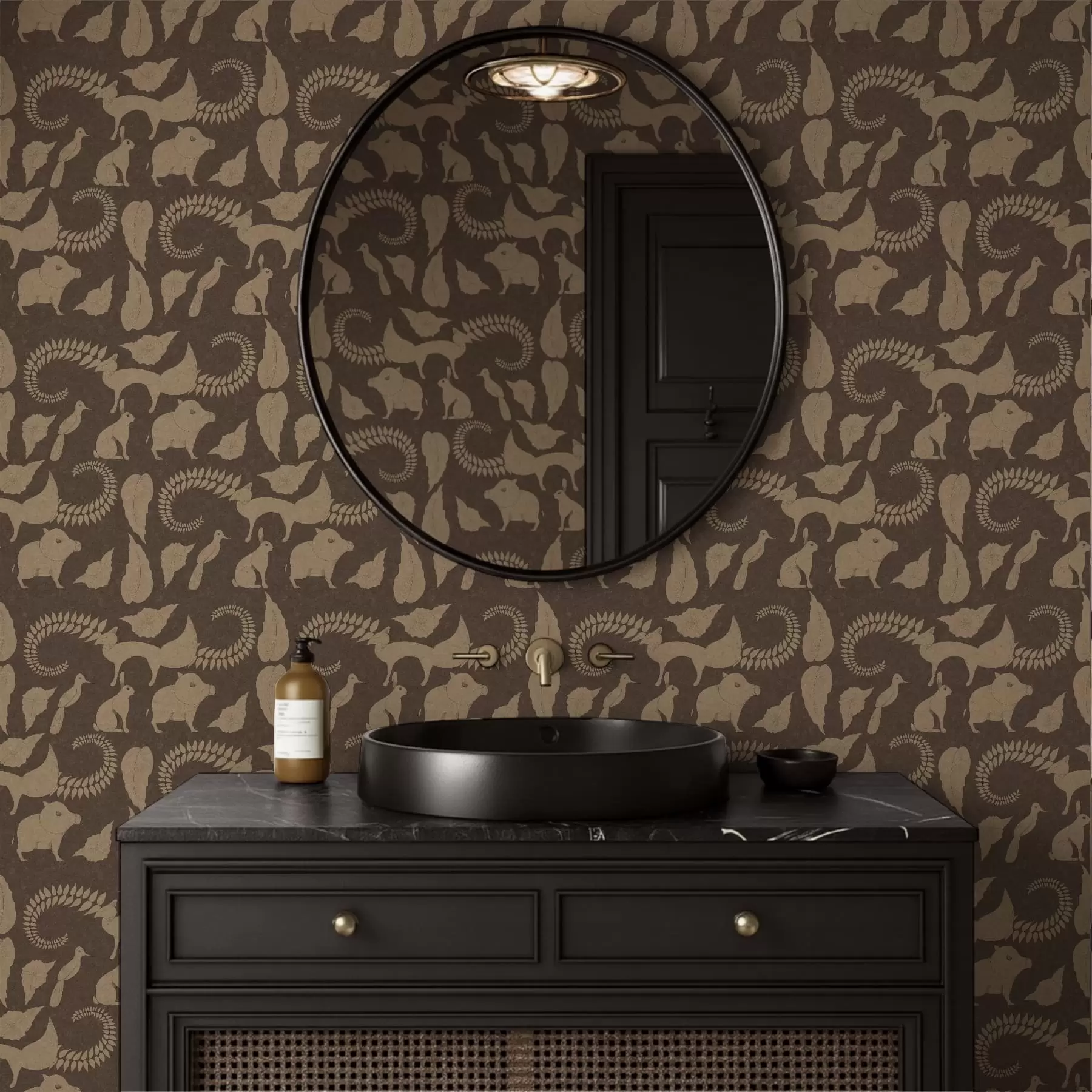 stenske poslikave Gozdni vzorec z živalmi na rjavem ozadju a01121