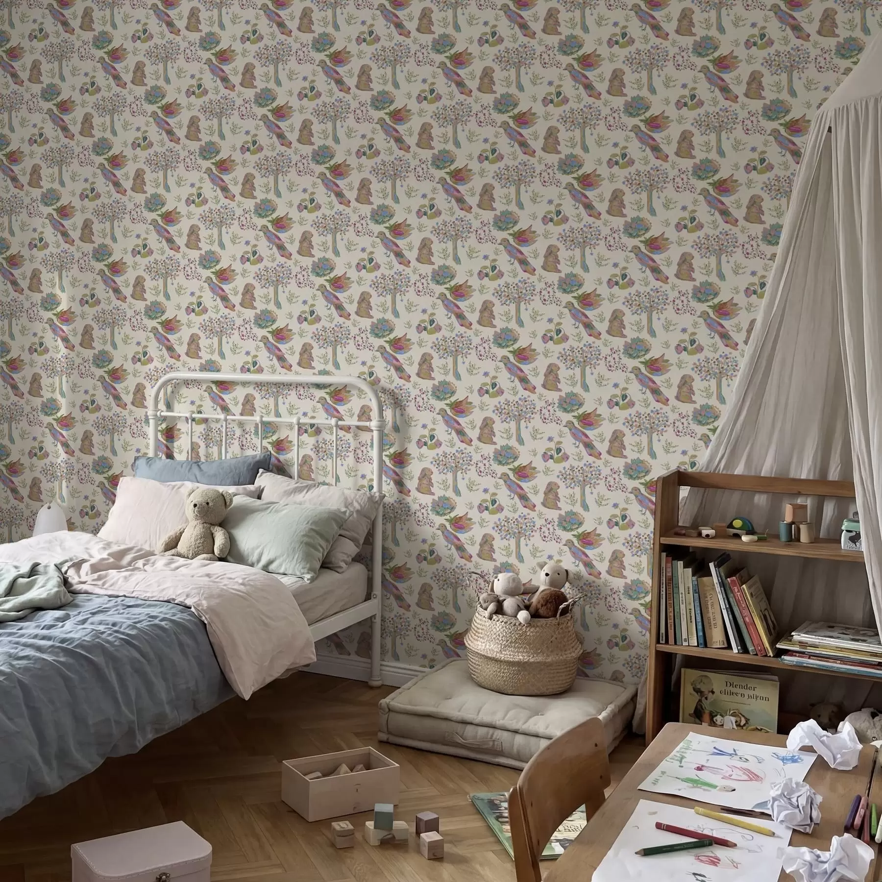 stenske poslikave Barvit otroški vzorec s pticami in zajci a01127