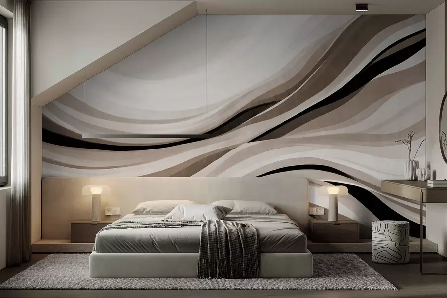 stenske poslikave Abstraktne valovite črte v odtenkih bež in črne barve na svetlem ozadju, teksturirana umetnost w09748