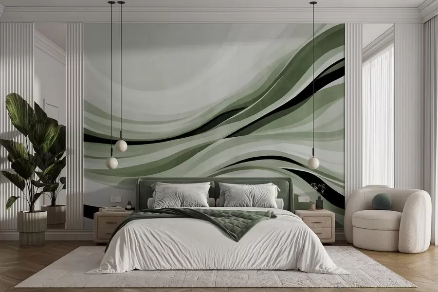 stenske poslikave Abstraktne valovite črte v odtenkih zelene in črne barve na svetlem ozadju, teksturirana umetnost w09748v1