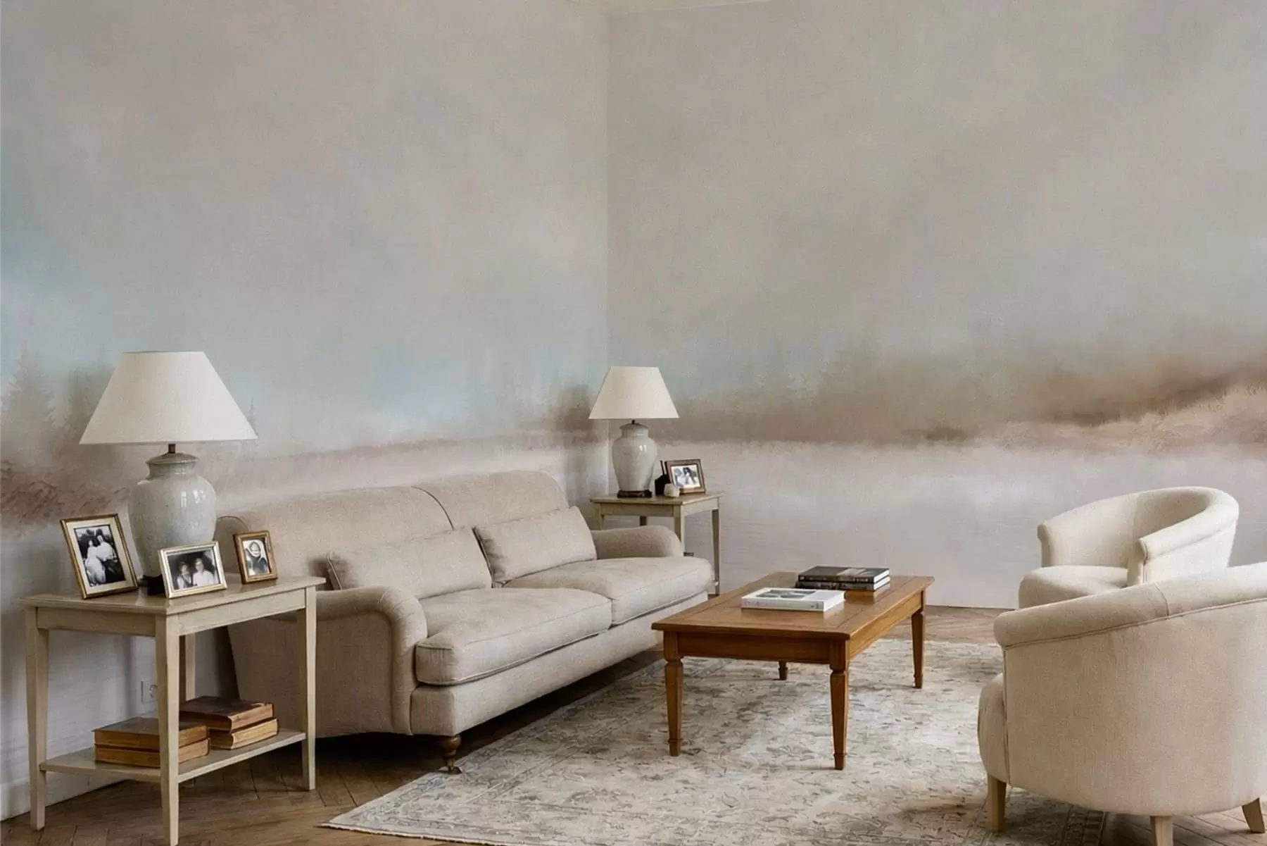 stenske poslikave Meglena pokrajina z jezerom in gozdom w05319