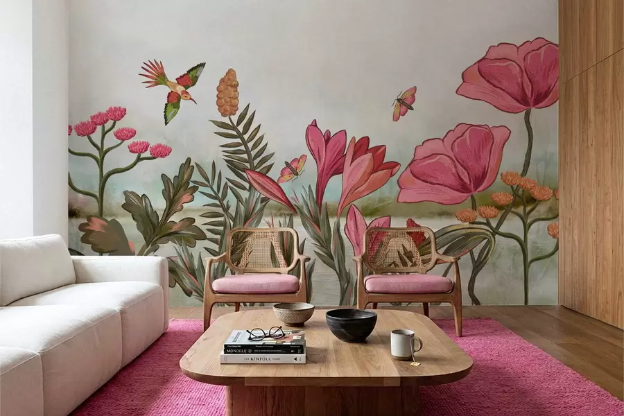 stenske poslikave Svetle cvetlice s pticami in metulji w05321