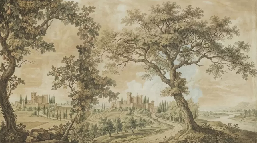 stenske poslikave Pastoralna pokrajina v vezenem slogu w05359