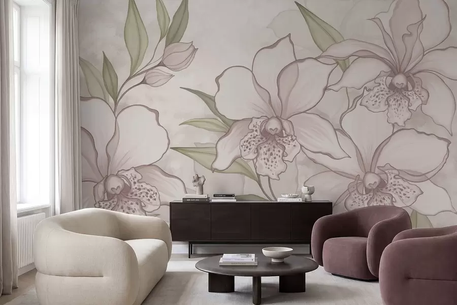 stenske poslikave Ilustracija bledih orhidej z listi na bežnem ozadju w05117