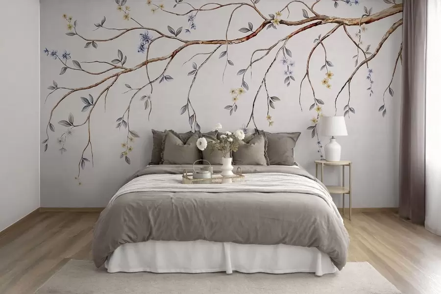 stenske poslikave Tanke veje z majhnimi cvetovi na svetlem ozadju w05145