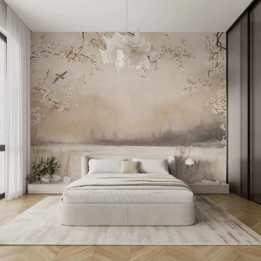 stenske poslikave Nežne cvetoče veje ob jezeru s pticami v rahli megli w05155