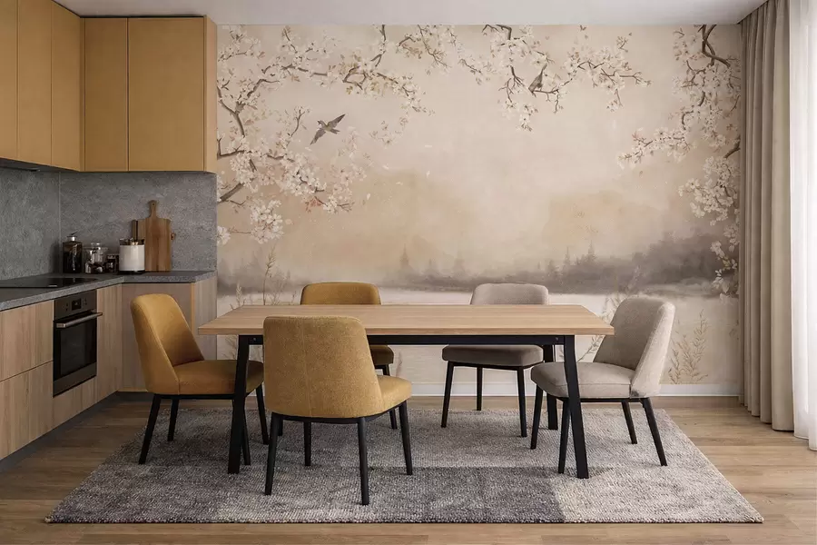 stenske poslikave Nežne cvetoče veje ob jezeru s pticami v rahli megli w05155