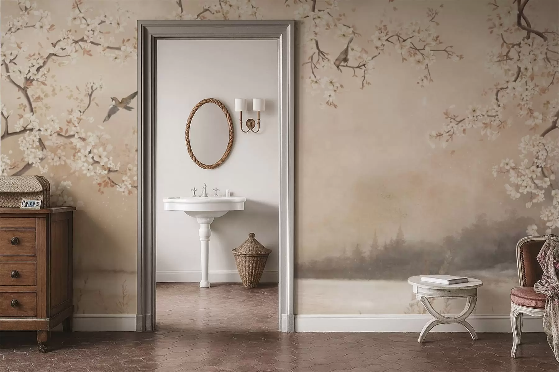 stenske poslikave Nežne cvetoče veje ob jezeru s pticami v rahli megli w05155