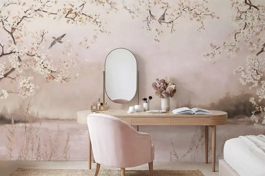 stenske poslikave Cvetoče veje nad mirnim jezerom z pticami v megli w05155v1