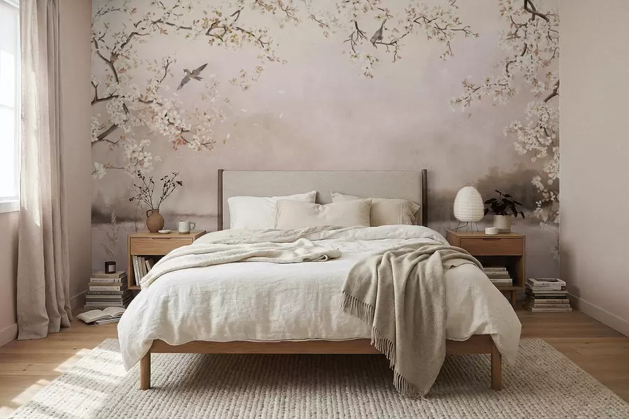 stenske poslikave Cvetoče veje nad mirnim jezerom z pticami v megli w05155v1