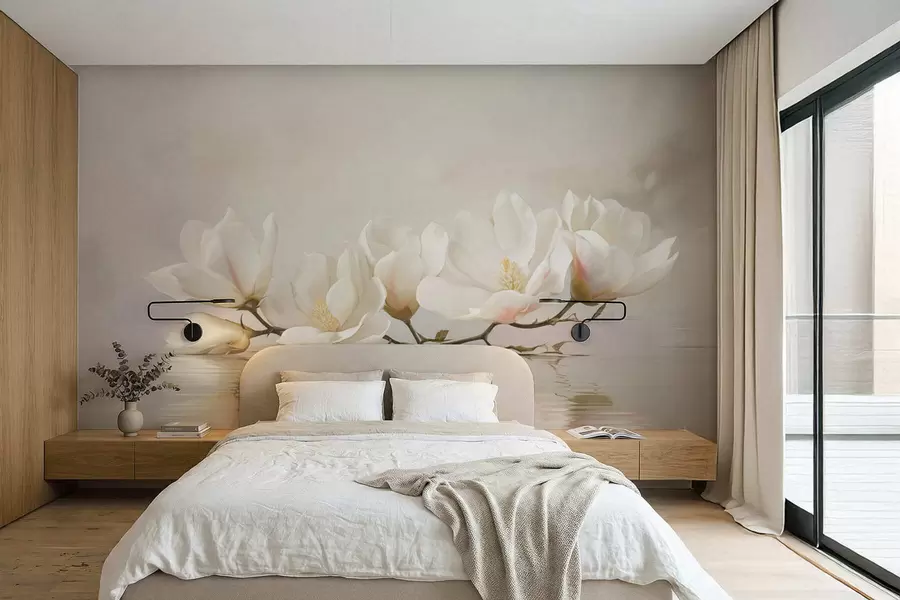 stenske poslikave Svetli magnolijevi cvetovi na veji nad odsevom v vodi w05353