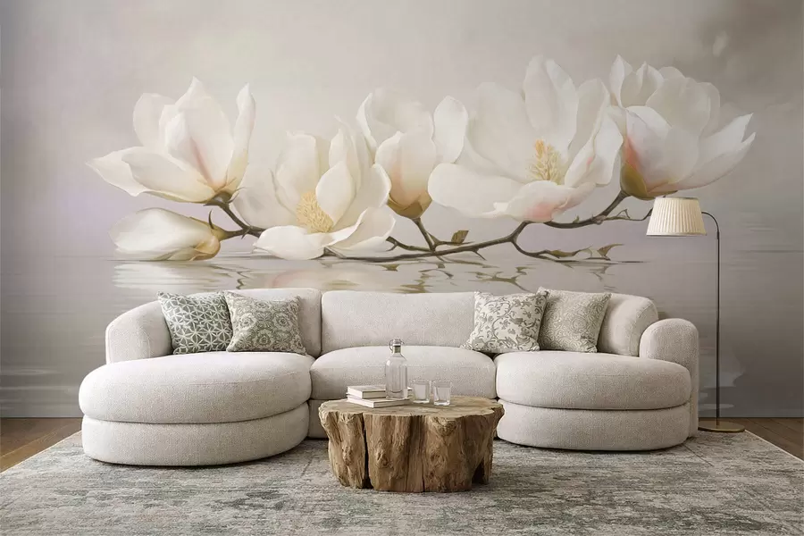 stenske poslikave Svetli magnolijevi cvetovi na veji nad odsevom v vodi w05353
