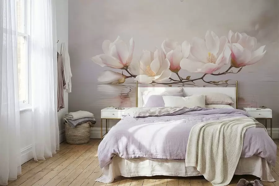stenske poslikave Magnolijeva veja s cvetovi nad mirnim odsevom vode w05353v1