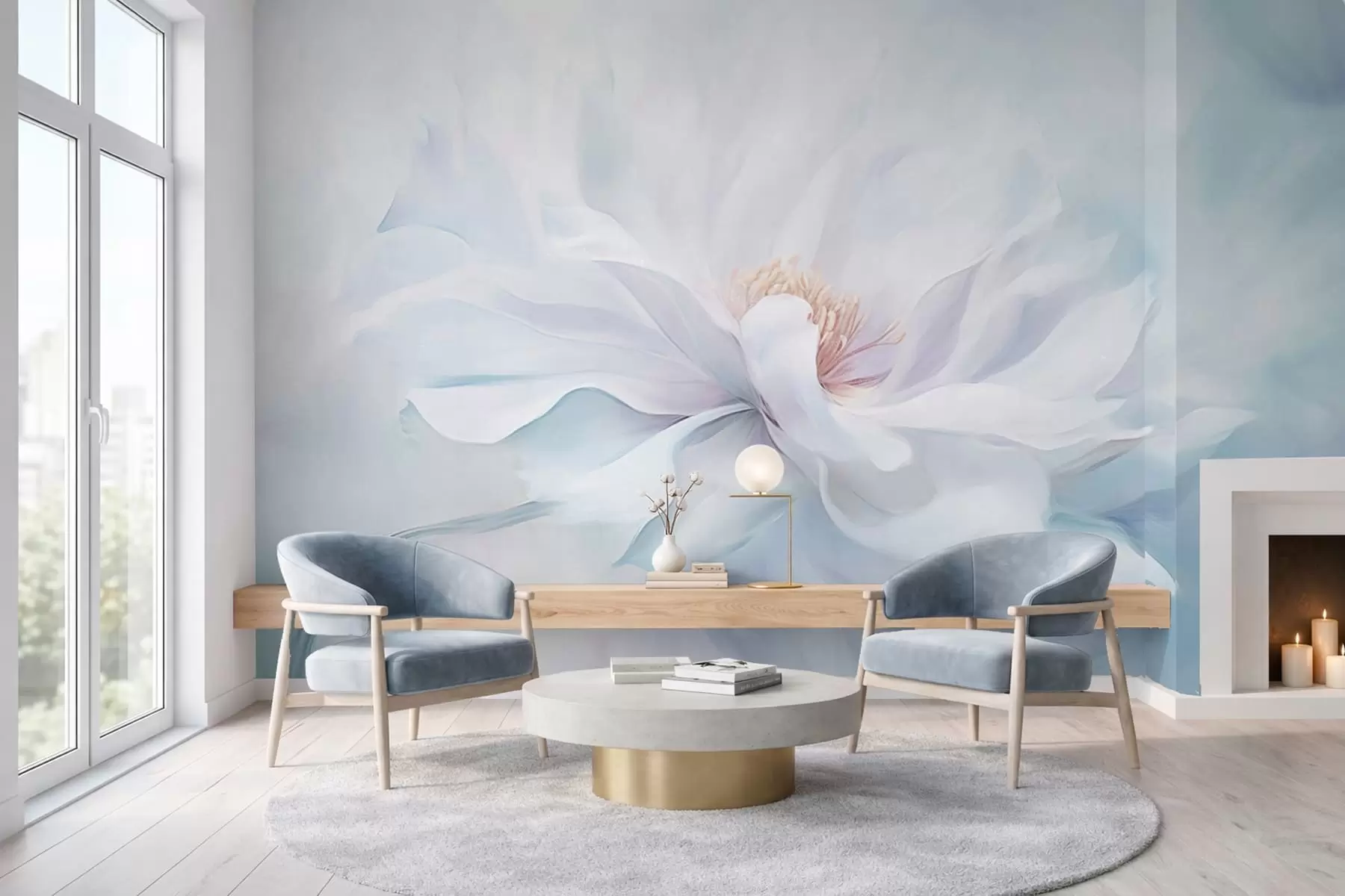 stenske poslikave Mehka bela cvetica s plavajočimi cvetnimi listi na modrem ozadju w05354