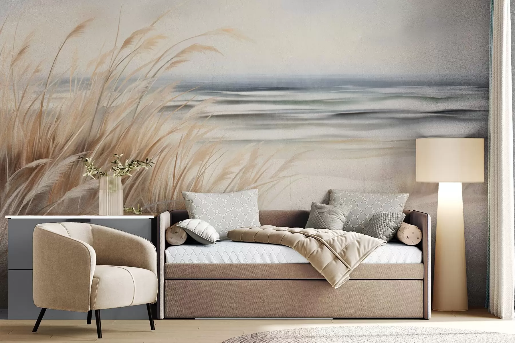 stenske poslikave Teksturirana pokrajina s suho travo na peščeni plaži, z oceanom in nebom v ozadju w09739