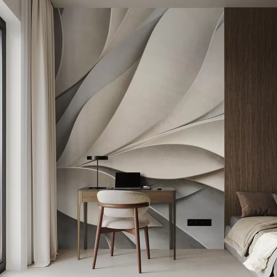 stenske poslikave Abstraktni listi v bež in sivi barvi, teksturirana sodobna umetnost w09769