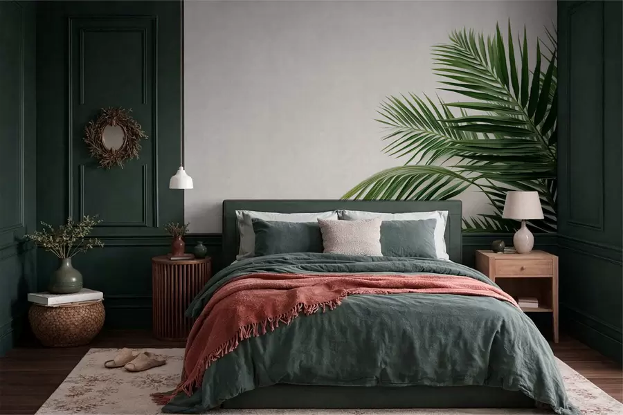 stenske poslikave Zelena palmova lista na svetlem ozadju w05391