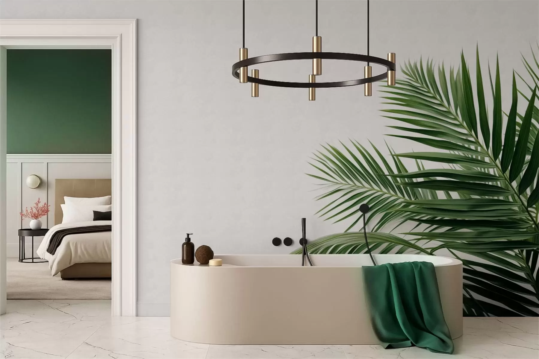 stenske poslikave Zelena palmova lista na svetlem ozadju w05391