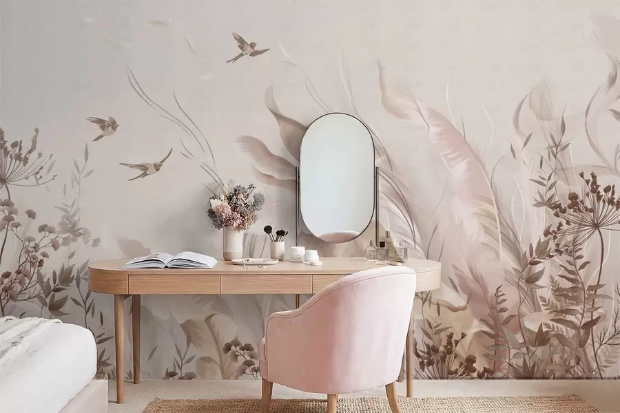 stenske poslikave Mehka perja, trave in ptice v svetlih odtenkih w05395