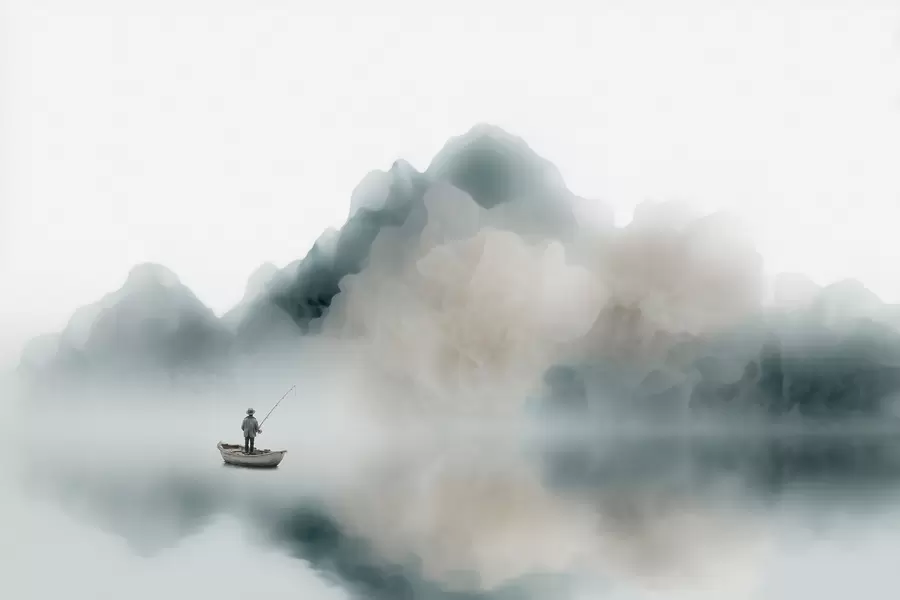 stenske poslikave Gorska pokrajina s čolnom in ribičem, ki se izgubljata v mehki megli w09678