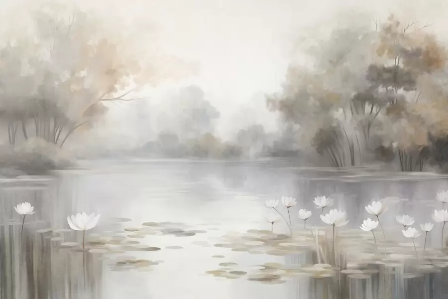 stenske poslikave Razgibana pokrajina, jezero z belimi vodnimi lilijami, obdano z drevesi v umirjenih barvah w09768
