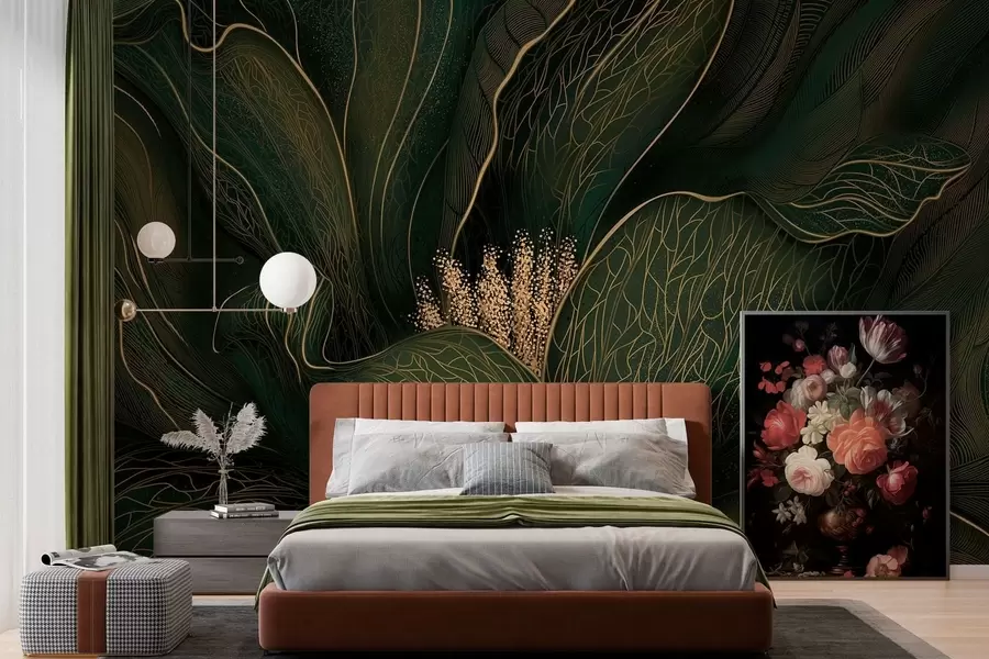 stenske poslikave Temnozeleni abstrakten cvet z drobnimi črtastimi detajli w05119v1