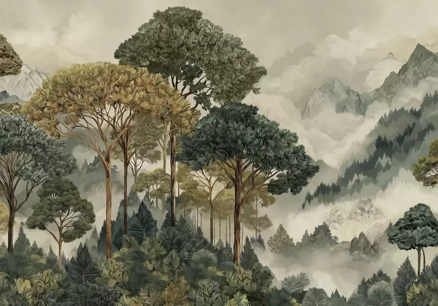 stenske poslikave Gozd z visokimi drevesi v meglenih gorah w05410