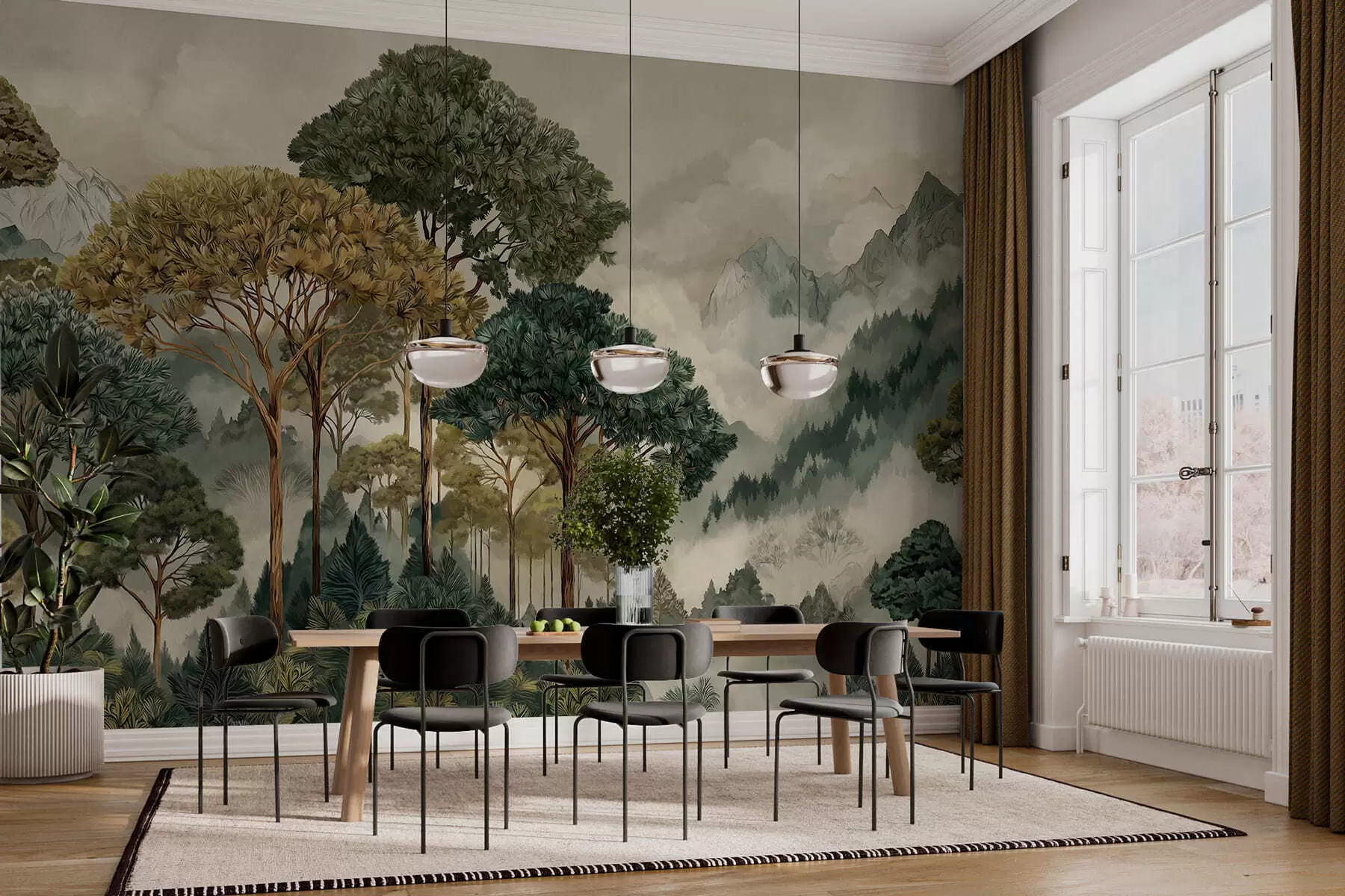 stenske poslikave Gozd z visokimi drevesi v meglenih gorah w05410