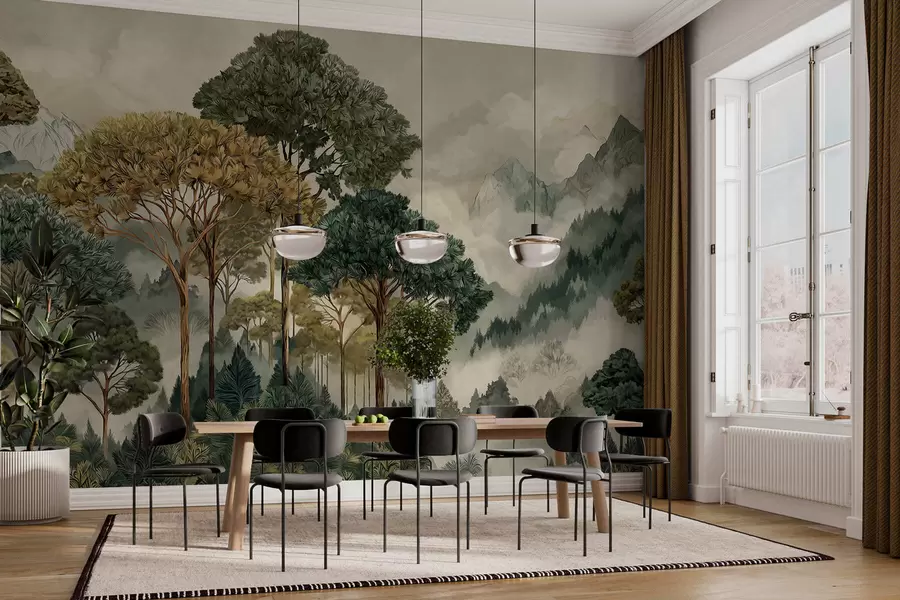 stenske poslikave Gozd z visokimi drevesi v meglenih gorah w05410