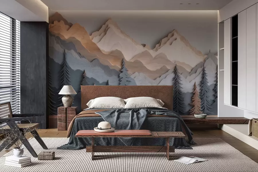 stenske poslikave Naravna pokrajina z borovci in gorami v slogu rezbarjenega lesa w09793