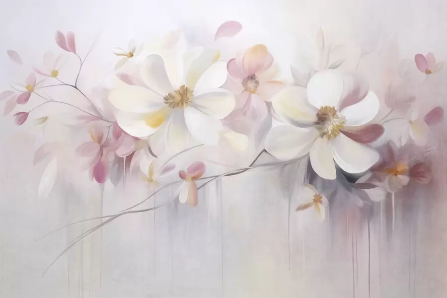 stenske poslikave Beli in rožnati cvetovi z nežnimi cvetnimi listi na teksturiranem ozadju, abstraktno, mehko ozadje w09811