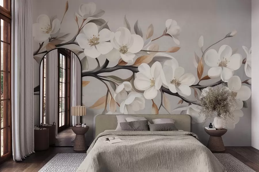 stenske poslikave Vzorčasta veja z belimi cvetovi in rjavimi listi na svetlo sivem ozadju w09817