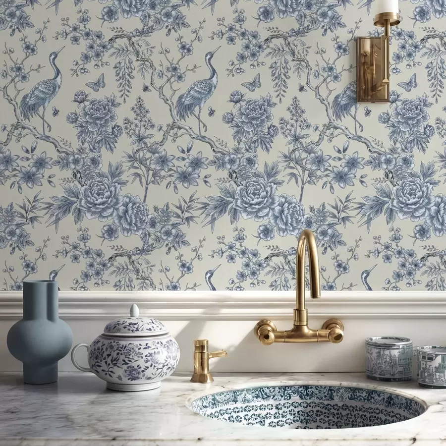 stenske poslikave Modri cvetlični motiv s ptico in vejami a01132