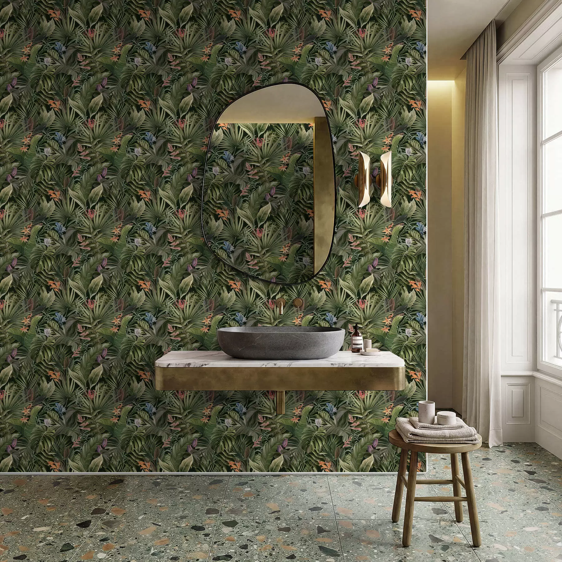 stenske poslikave Tropsko listje s cvetovi na temnem ozadju a01153