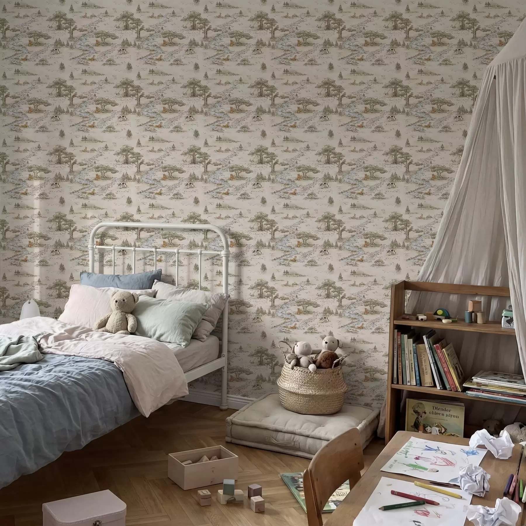 stenske poslikave Ilustracija narave z živalmi in reko a01157