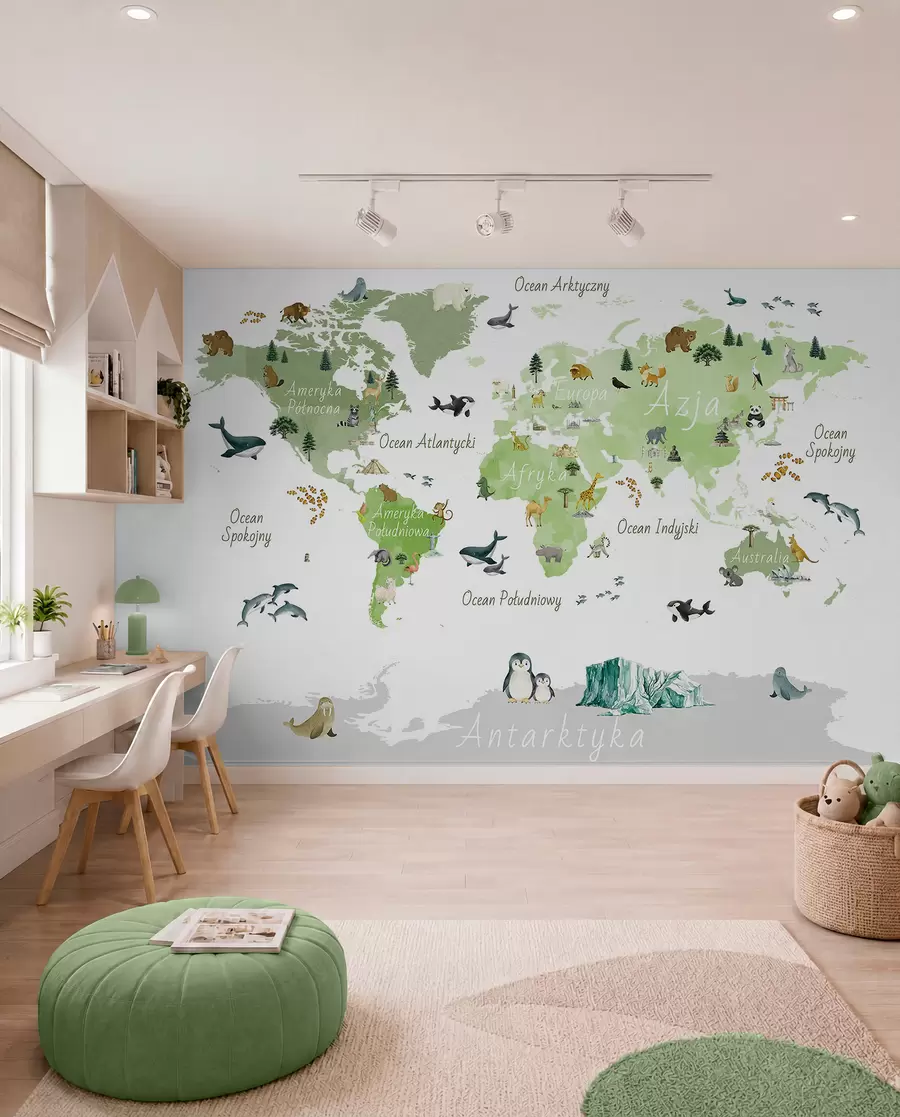 stenske poslikave Zelena zemljevid v slogu akvarela, na katerem so upodobljene živali, rastline in arhitektura. Napisi v poljščini c00009plv2