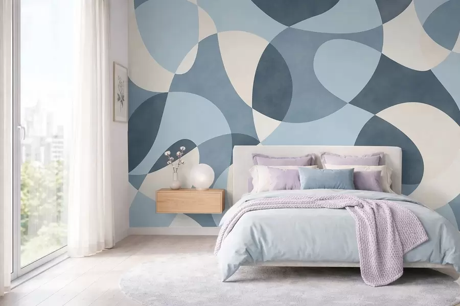 stenske poslikave Abstraktni vzorec z zaobljenimi oblikami v modrih odtenkih w05149v2