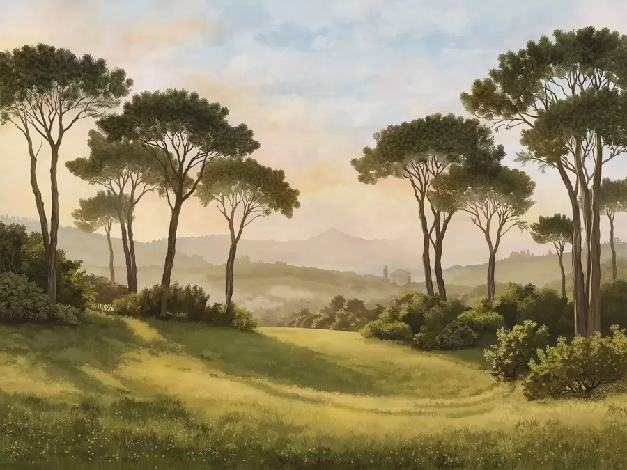 stenske poslikave Pokrajina z drevesi v topli svetlobi sončnega zahoda w05122