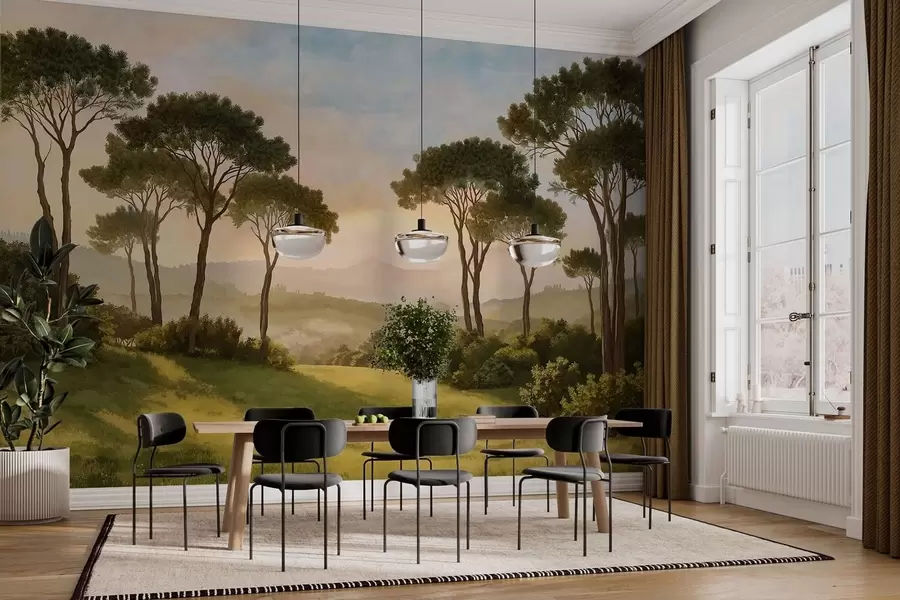 stenske poslikave Pokrajina z drevesi v topli svetlobi sončnega zahoda w05122