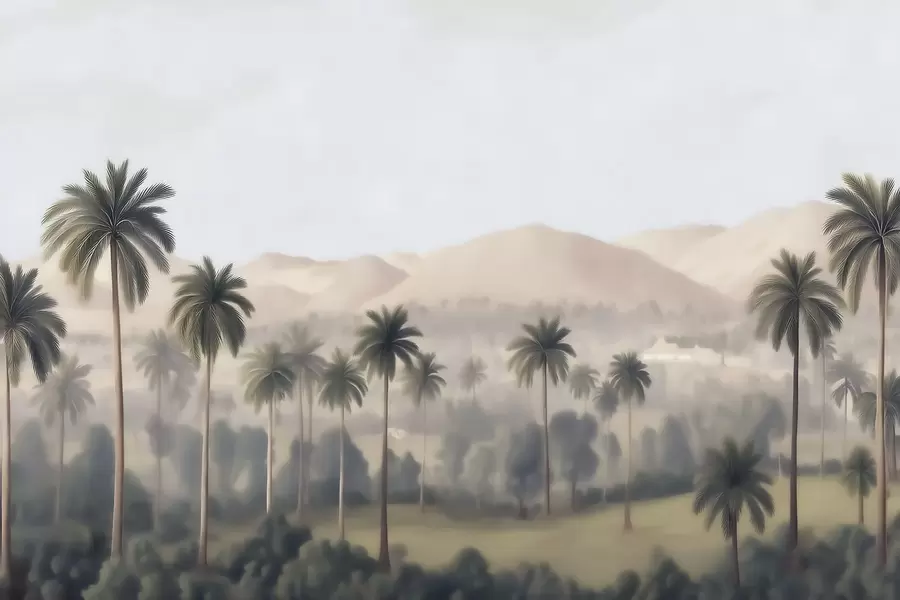 stenske poslikave Tropska pokrajina s palmami in gorami, vintage panorama v bežnih in zelenih odtenkih w09798