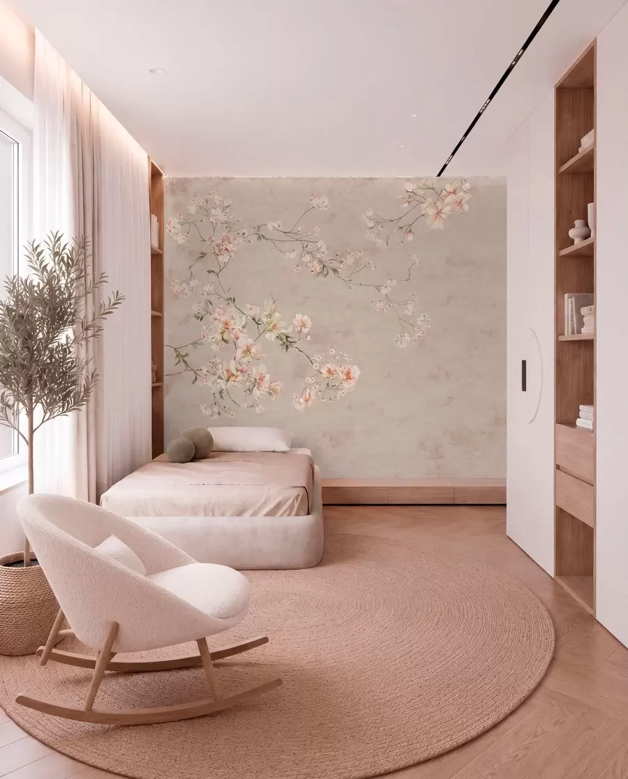 stenske poslikave Chinoiserie: nežne cvetne veje na svetlem ozadju w05427
