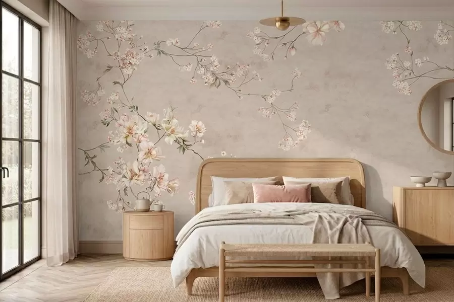 stenske poslikave Chinoiserie: nežne cvetne veje na svetlem ozadju w05427