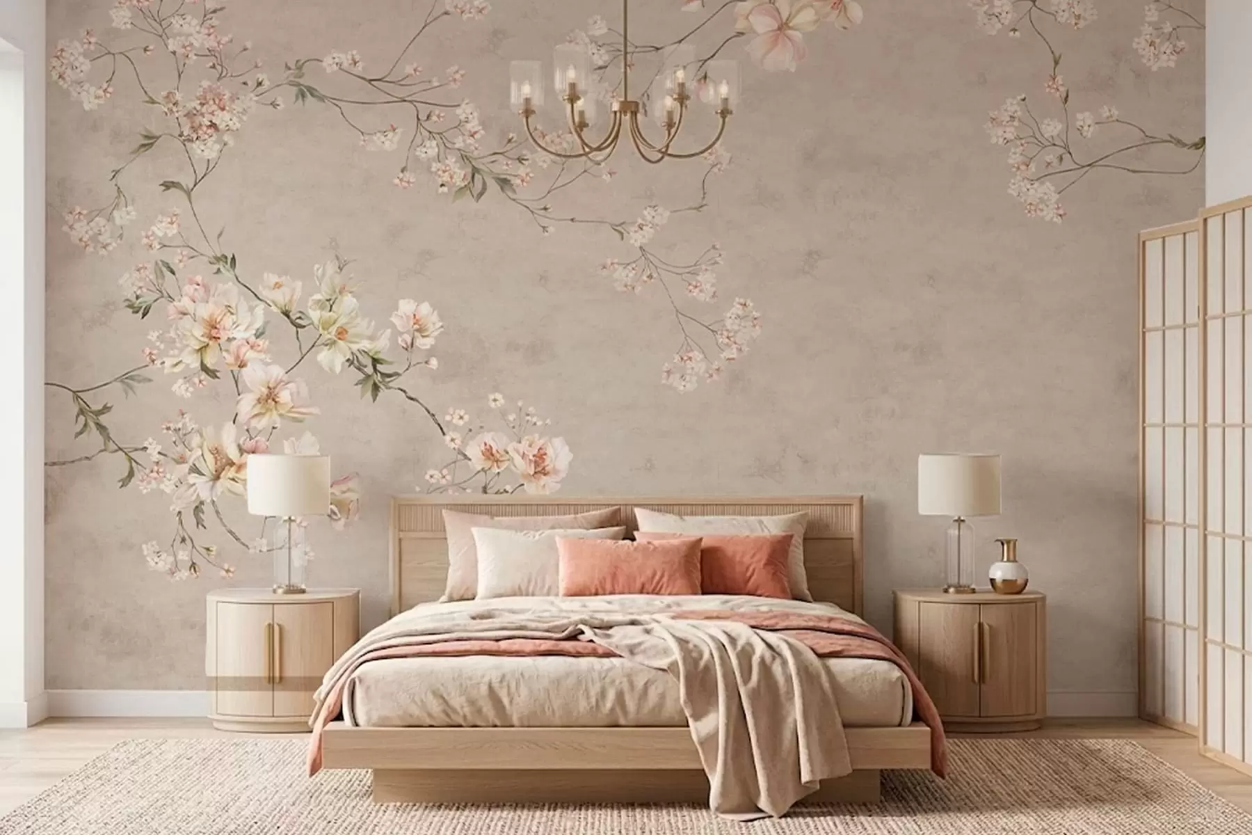 stenske poslikave Chinoiserie: nežne cvetne veje na svetlem ozadju w05427