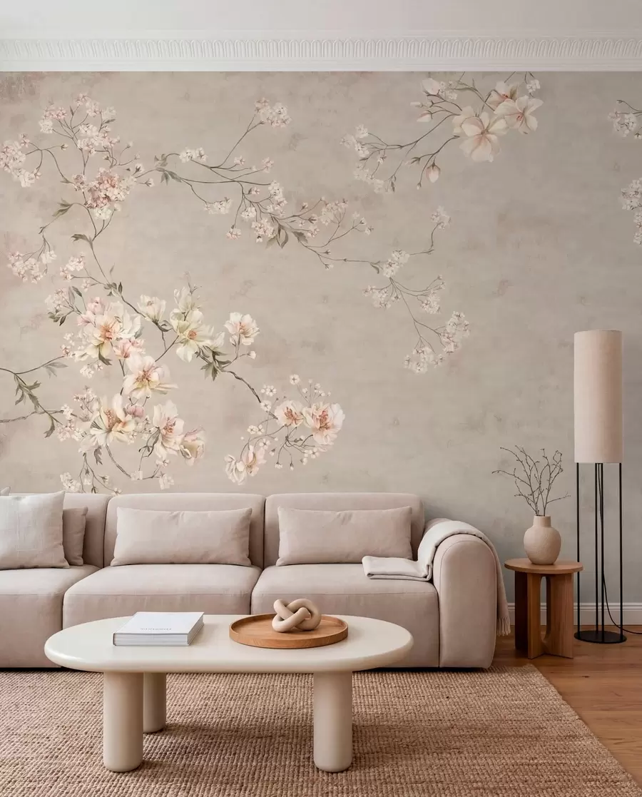 stenske poslikave Chinoiserie: nežne cvetne veje na svetlem ozadju w05427