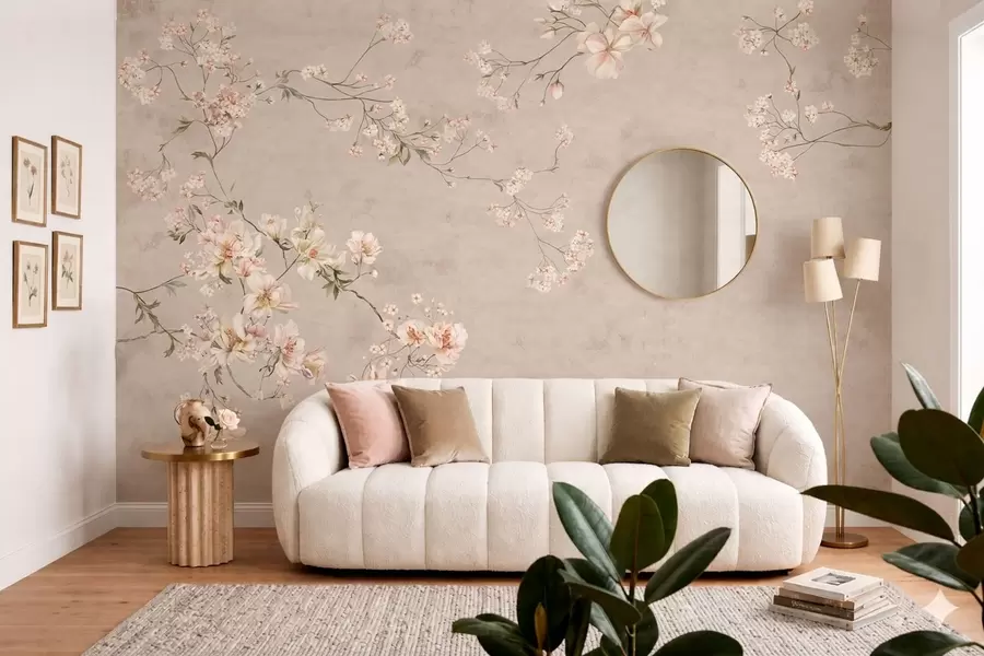 stenske poslikave Chinoiserie: nežne cvetne veje na svetlem ozadju w05427