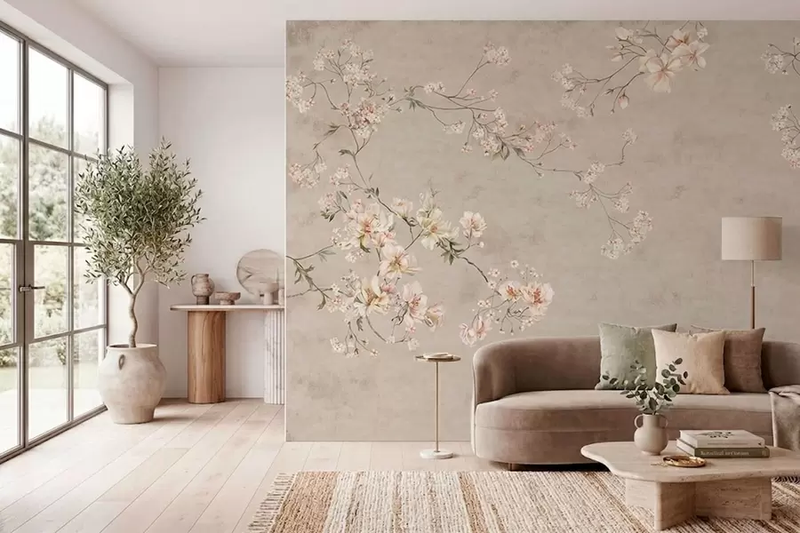 stenske poslikave Chinoiserie: nežne cvetne veje na svetlem ozadju w05427